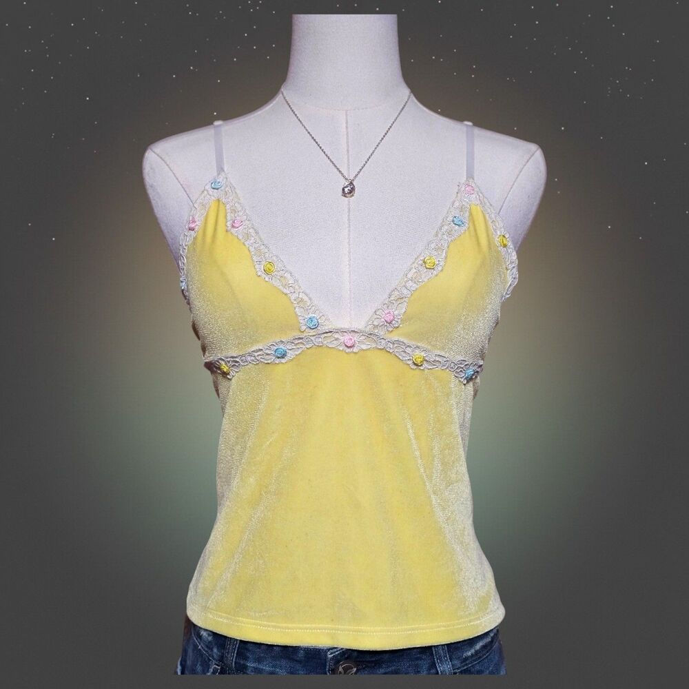 Vintage Yellow Velour Lace Floral Rosette Cami Tank Top Y2K Made in USA Small - Picture 1 of 4